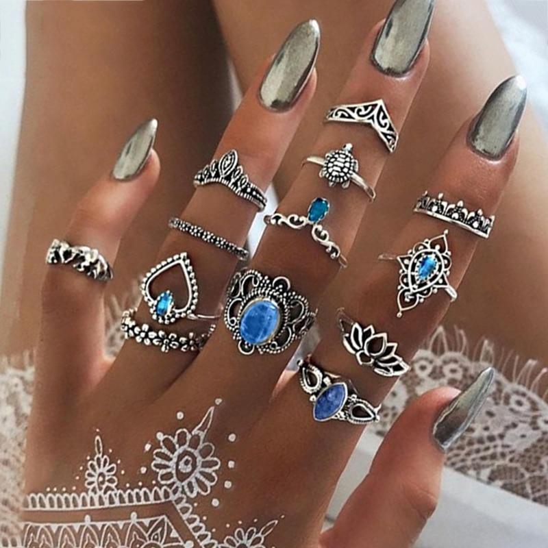 Modern Bohemian Retro Crystal Flower Leaves Hollow Lotus Gem Silver Color Ring Set For Women Excelent For Wedding Anniversary Party