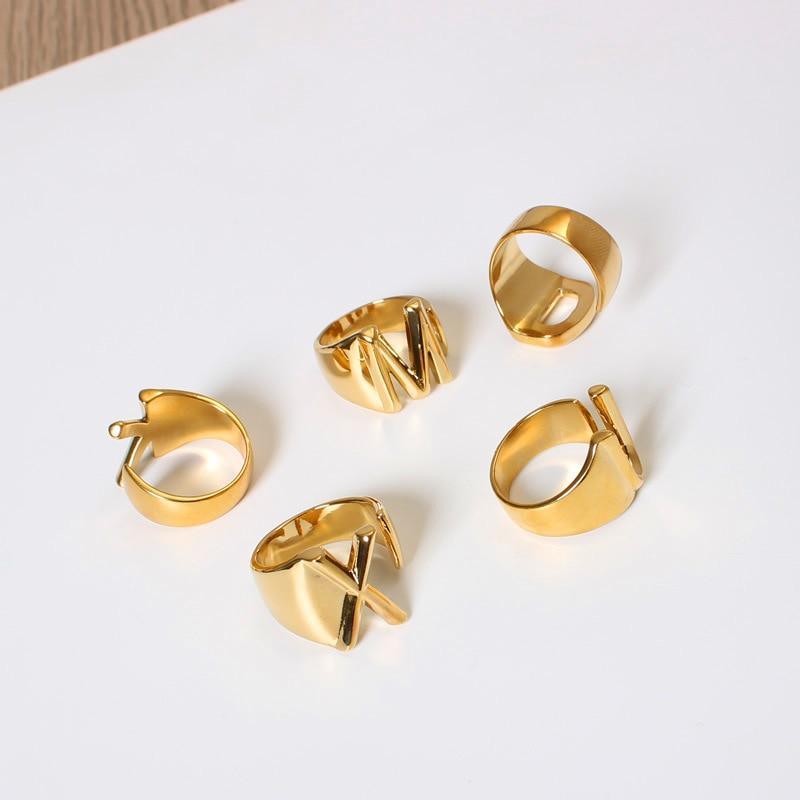 Hollow A-Z Letter Gold Color Metal Adjustable Opening Ring Initials Name Alphabet Female Party Chunky Wide Trendy Jewelry