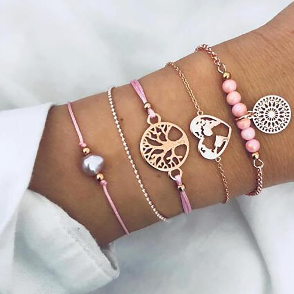 Fashion Bohemia Leaf Round Knot Cuff Bangle Gold Chain Charm Bracelet  for Women Simple Geometric Bracelets Luxury Jewelry