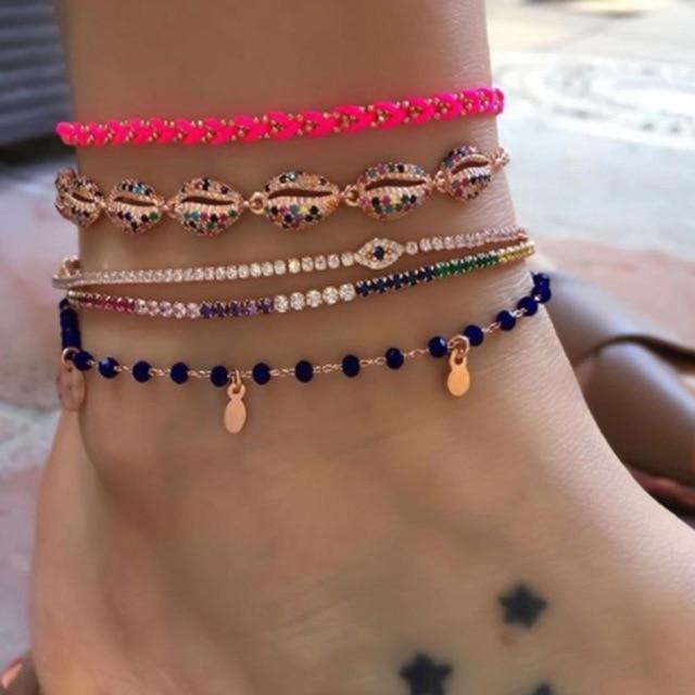 Handmade Unique Layered Gold Shell Pendant Chain Ankle Bracelet Foot Jewelry for Ladies and Women