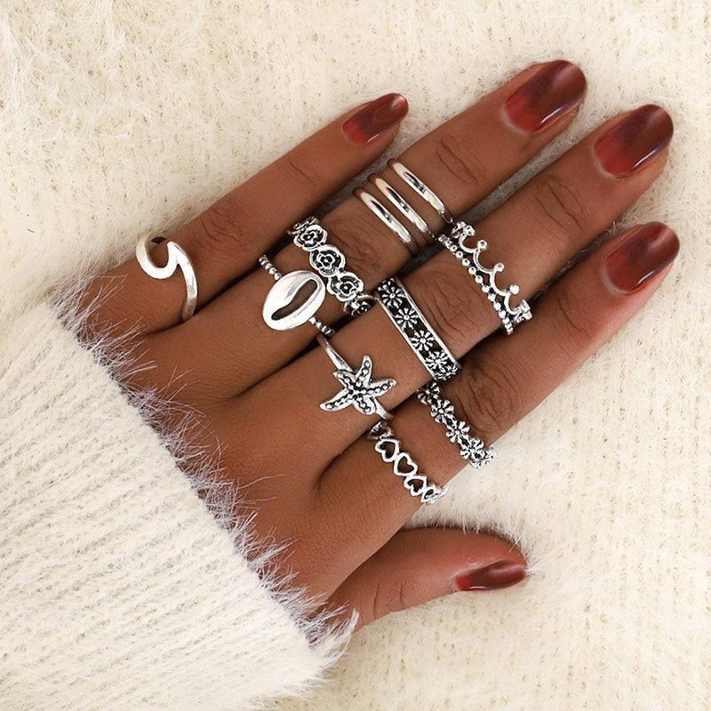 Modern Bohemian Retro Crystal Flower Leaves Hollow Lotus Gem Silver Color Ring Set For Women Excelent For Wedding Anniversary Party