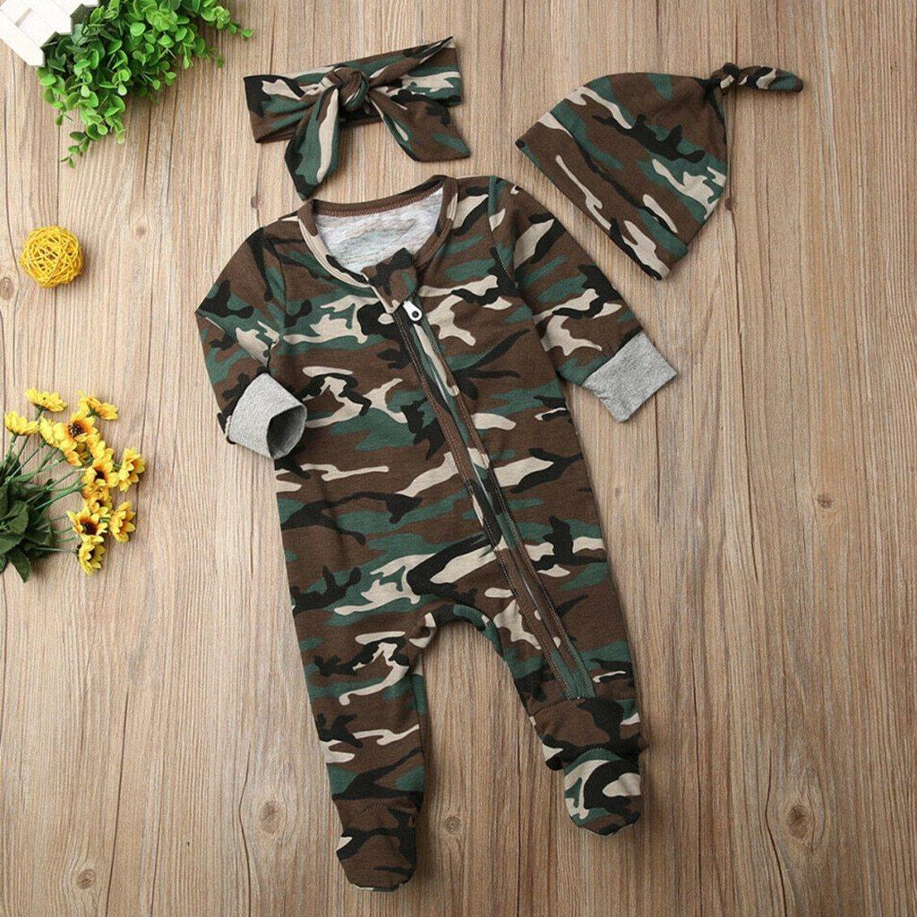 Newborn Baby Girls Boys Camouflage Military Deisgn Romper Infant Cute Zipper Casual Jumpsuit Hairband Hat Set Clothes For Girls And Boys