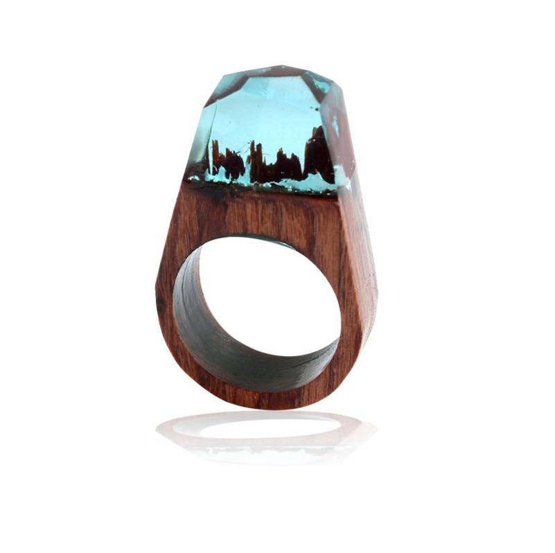 Epic Handmade Luxury Wedding Wood Resin Stone Ring Elegant With Magnificent Fantasy Secret Magic Landscape Wooden for Women and Men