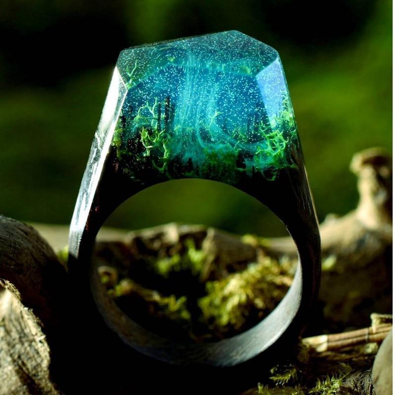 Luxury Handmade Unique Unisex Ring For Womens and Men  Wood Resin Ring Handmade Snowy Mountain Forest Micro Landscape Wooden Rings