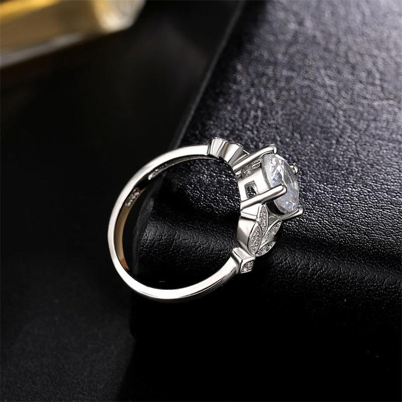 Crystal Silvery Women Leaf Engagement Rings Zircon Cubic Graceful Girls White Rose Golden Ring Luxury Jewelry