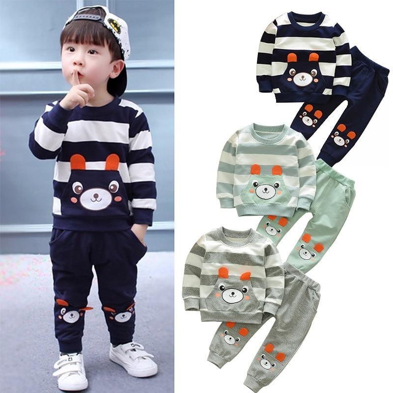 Baby Boy Cartoon Cute Bear Striped Printed Cotton Long Sleeve Two-piece Clothes Set For Boys Kids