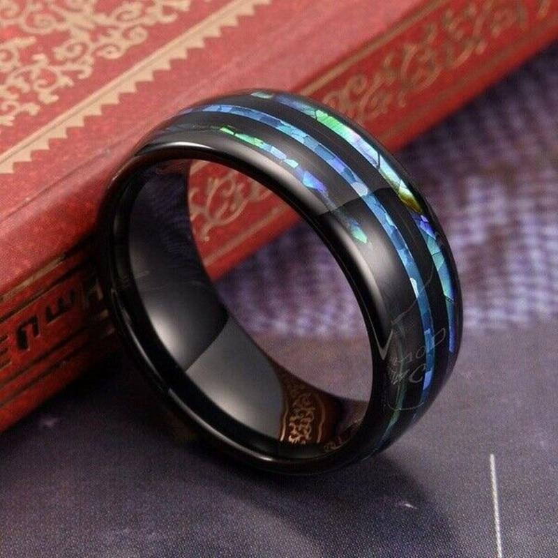 Men New Elegant Black Stainless Steal 8MM Inlaid Shells BlueRings Men's Wedding Jewelry Gift