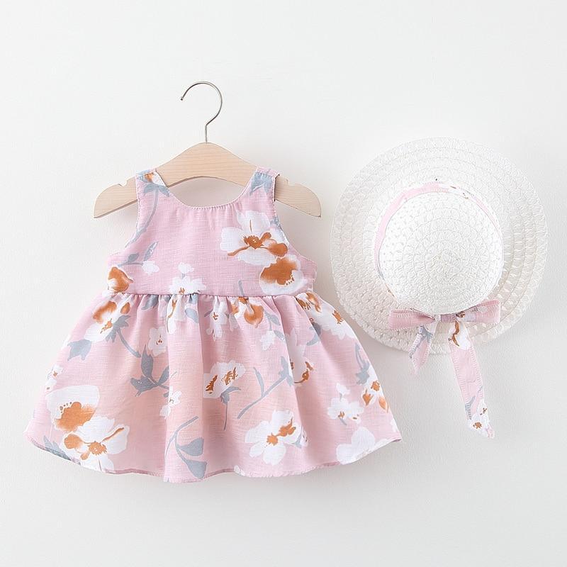 Luxury Modern Elegant Summer Bow Print Dress With Hat 2 piece Baby Clothes Suits Newborn Toddler Dress