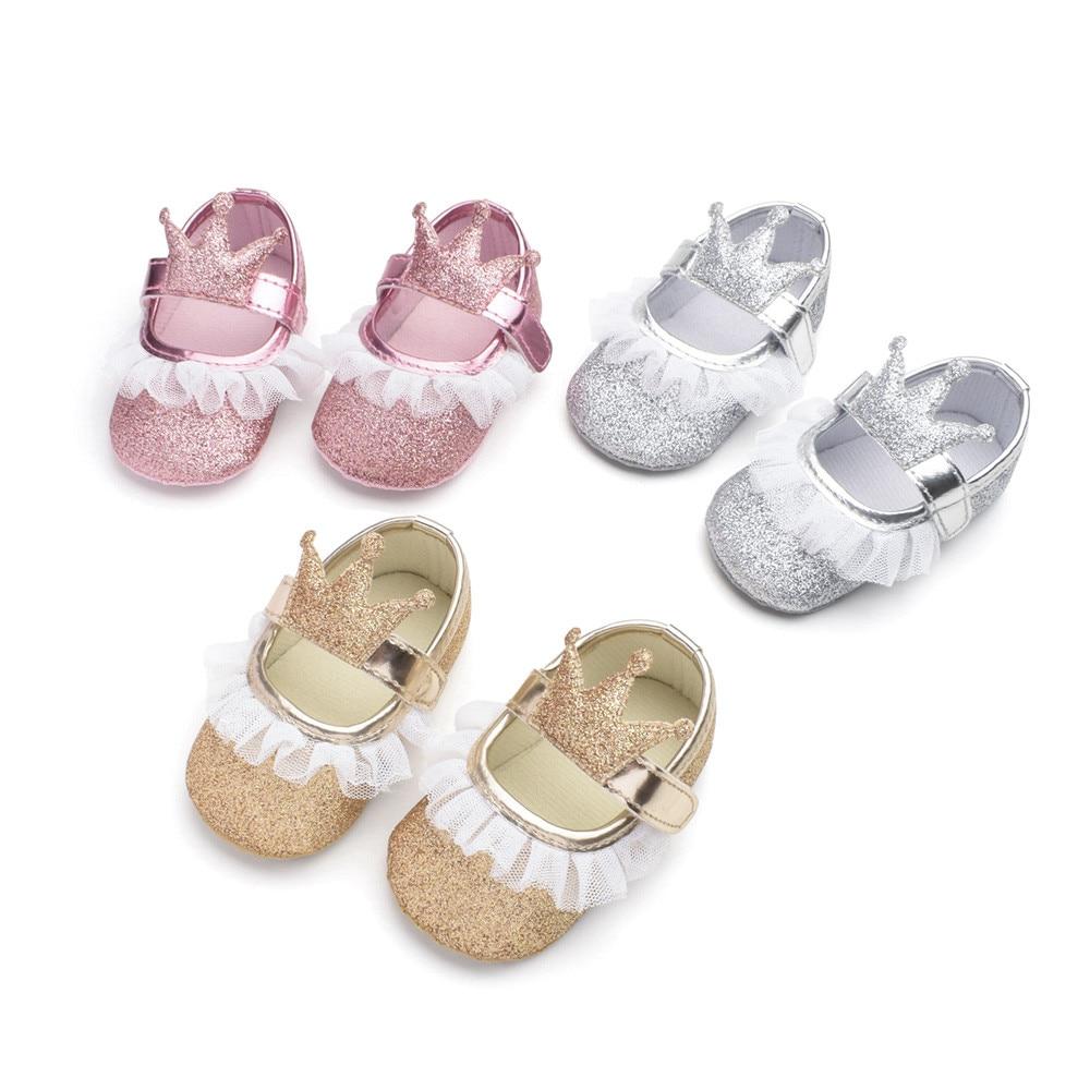 Newborn Infant Baby Girls Shoes Toddler Kids Princess Crown Glitter Design Shoes Soft Sole Anti-slip