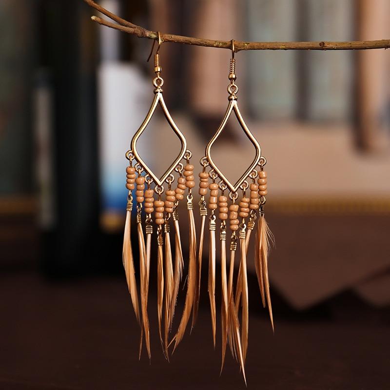 Handmade Modern Elegant Golden Silver Color Ethnic Acrylic Luxury Rainbow Beads Feather Drop Earrings for Women Boho Jewlery