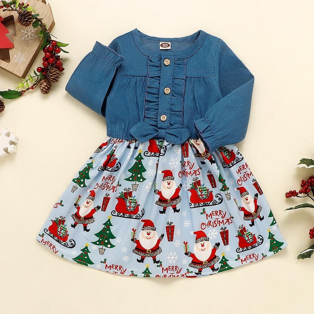 Baby Girls Print Christmas Santa Dress Princess Outfits Long Sleeve Fashion  Unique Design Perfect Gift