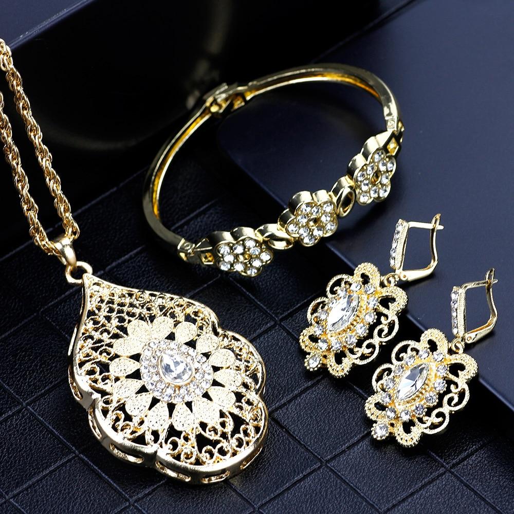 Gold Color Arabic Necklace With Earring Cuff Bracelet Women Ethnic Wedding Jewelry Sets Morocco Caftan Fashion Accessories