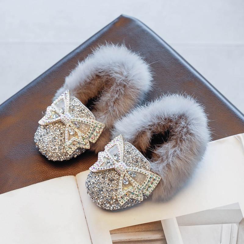 Fashion Winter Crystal Bling Baby Girls Flat Shoes Fur Warm Kids Party Bow Toddler Children Princess Shoes