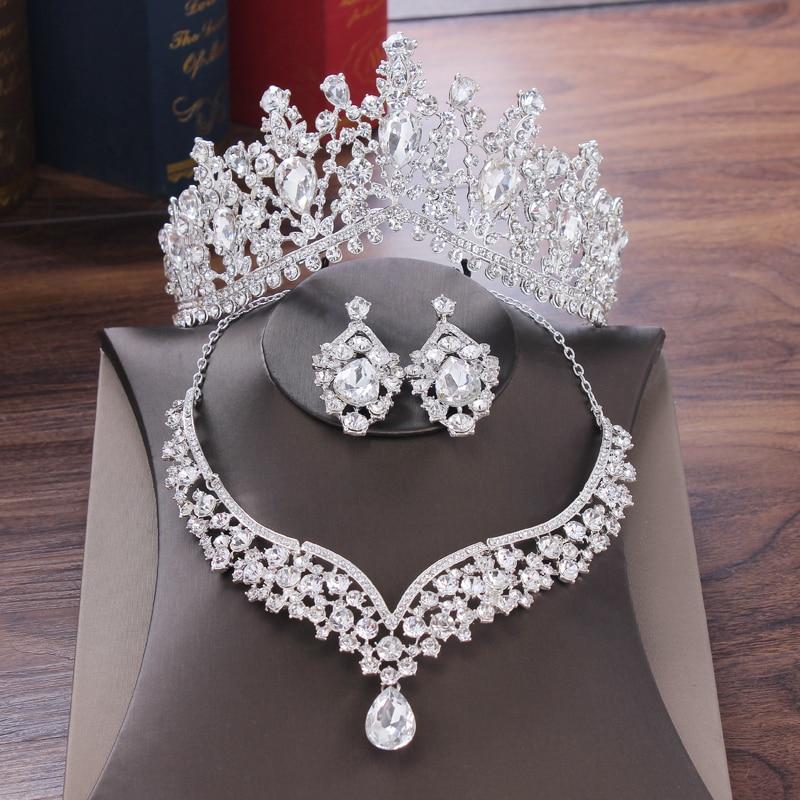 Luxury Baroque Crystal Water Drop Bridal Jewelry Sets Rhinestone Tiaras Crown Necklace Earrings for Bride Wedding Dubai Jewelry Set