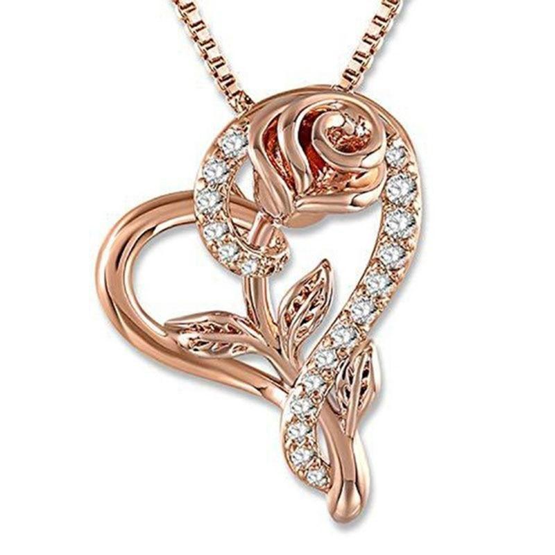 New Heart Rose Flower Necklace Women Fashion Crystal Statement Necklaces Bridal Wedding Jewelry Gifts