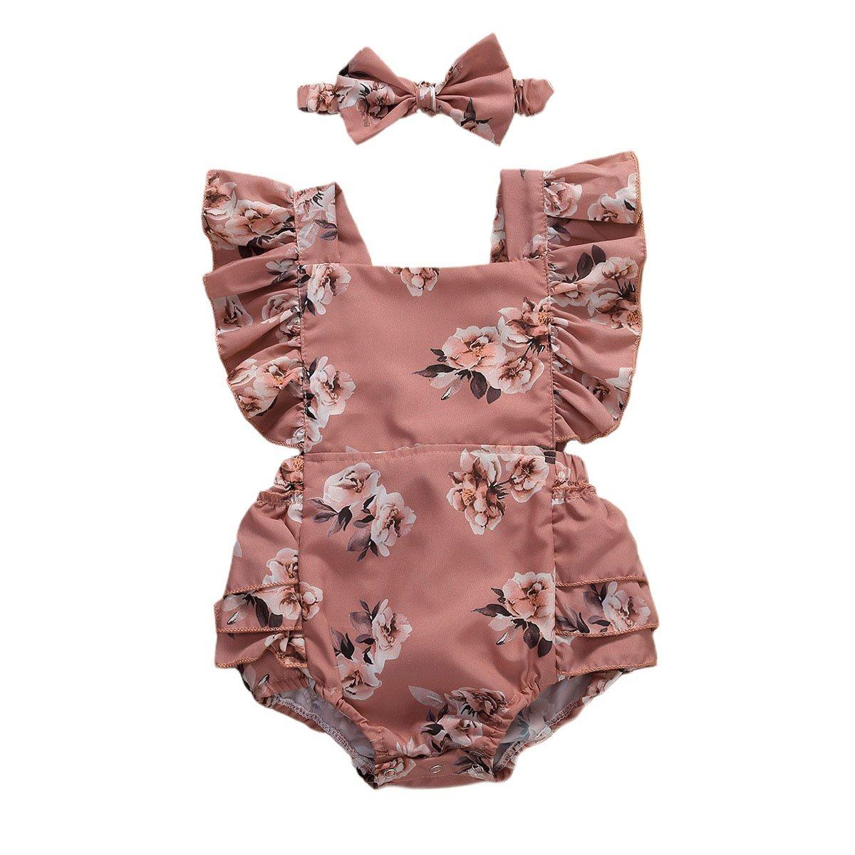 Modern 0-24M Newborn Baby Girls Flowers Print Ruffles Short Sleeve Jumpsuits Headband For Girls