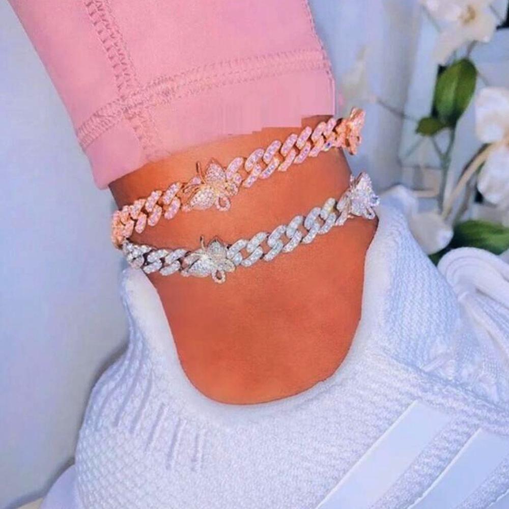 Luxury Chain Hip hop Rhinestone Cuban Anklet Butterfly Bracelet for Women In Shiny Luxury Diamond Design