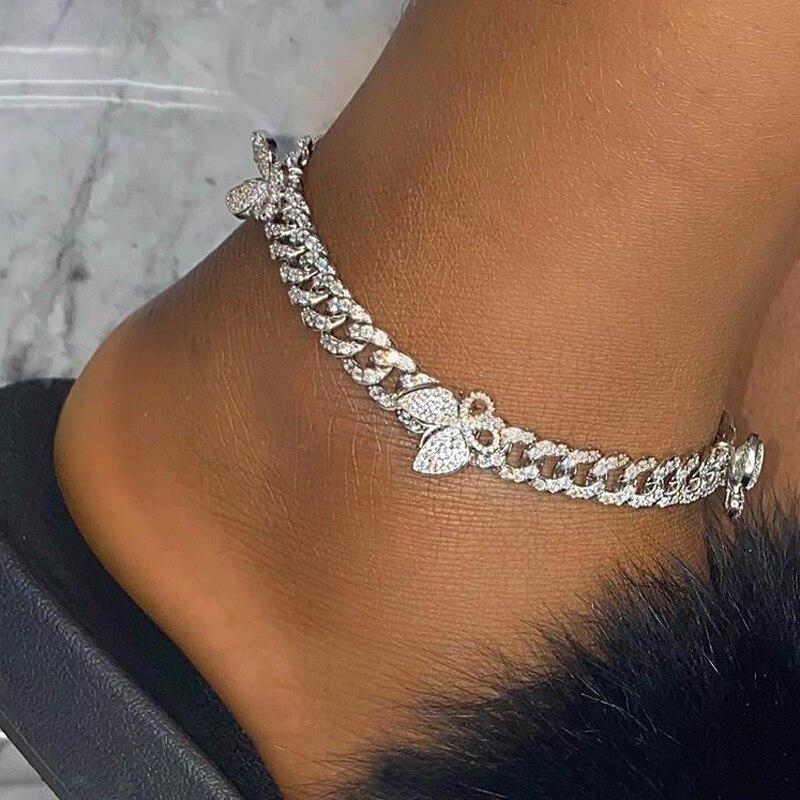 Modern Butterfly Anklet Leg Brecelet Jewelry 10mm Miami cuban Link Cain Silver Color Anklet Women In Hiphop Jewelry Style