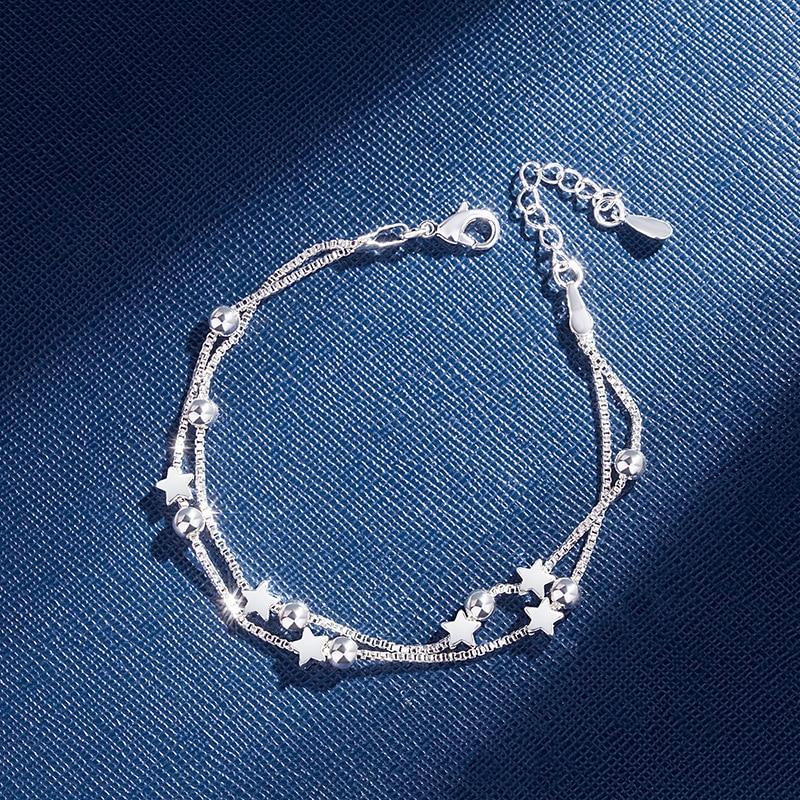 New Modern 925 Sterling Silver Double Layers Stars Beads Luxury Bracelets For Women Elegant Chain Charm Bracelet Birthday Party Gift (silver star)