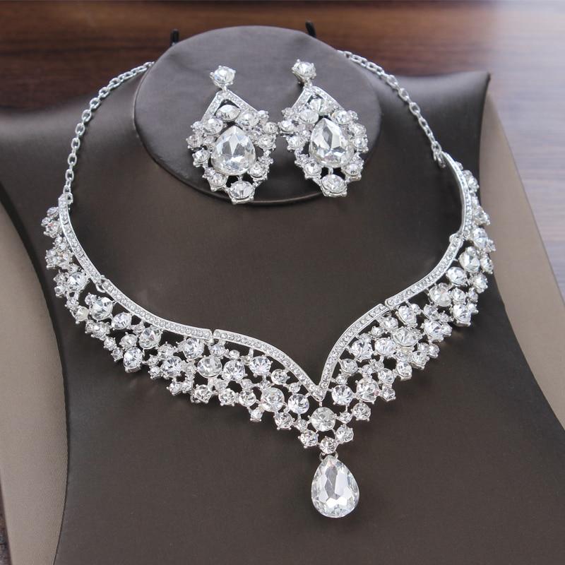 Luxury Baroque Crystal Water Drop Bridal Jewelry Sets Rhinestone Tiaras Crown Necklace Earrings for Bride Wedding Dubai Jewelry Set