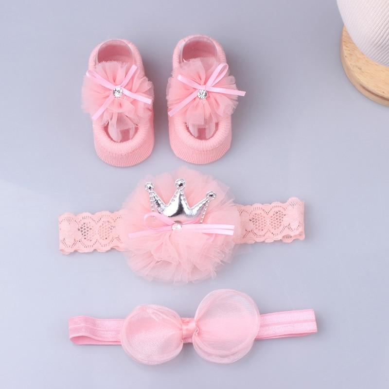 Flower Baby Girl Headband Socks Set Shoes With  Crown Bows Newborn Headbands For Girls Turban Baby Hair Accessories