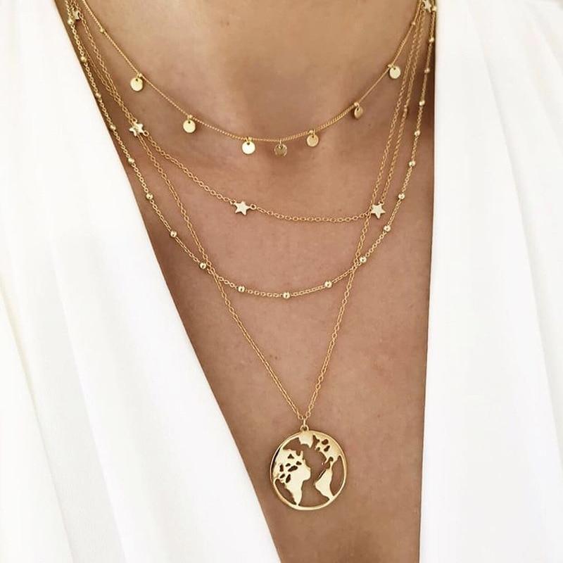 Luxury Modern Gold World Map Choker Map Crescent Moon Necklaces&Pendants Dainty For Women and Girls