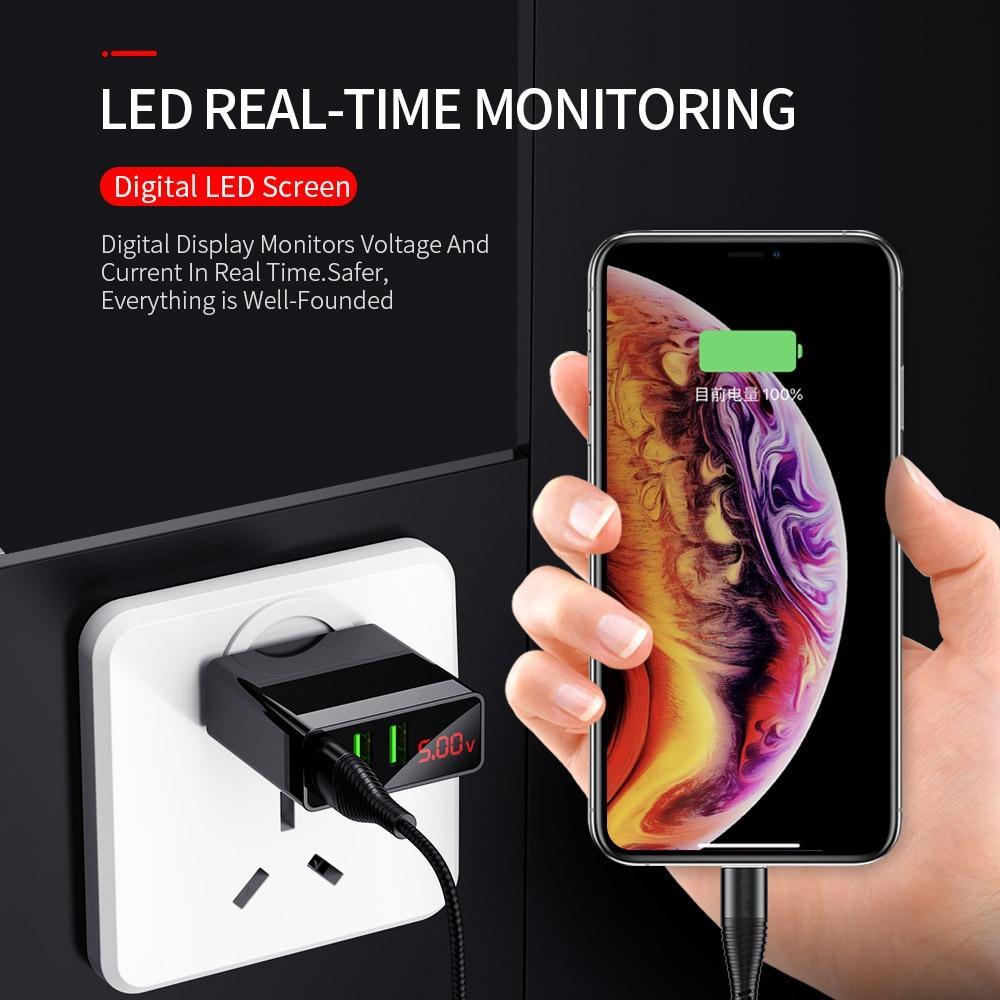 3 Port USB Phone Charger LED Display EU Plug Total Max 3A Smart Fast Charger Mobile Wall Charger For Smartphones