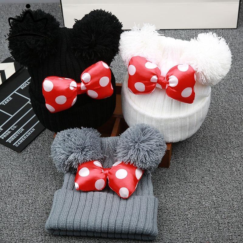 Modern Cartoon Big Bow Baby Hat Cap Kids Knitted Cotton Beanie  Warm Girls Double Pompom Hats