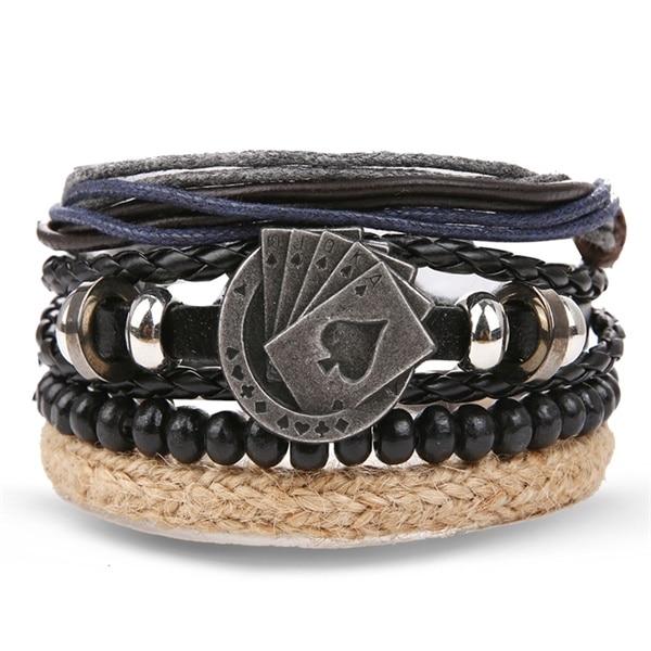 Vintage Black Bead Bracelets For Men Fashion Hollow Triangle Leather Bracelet & Bangles Multilayer Wide Wrap Jewelry For Men and Women