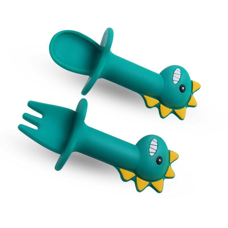 New Baby Feeding Spoon Fork Set Short Easy  Cartoon Dinosaur Soft Silicone  Teether Toys Non-hurt Training Tableware