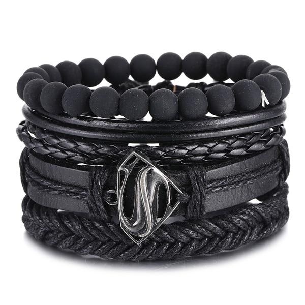 Vintage Black Bead Bracelets For Men Fashion Hollow Triangle Leather Bracelet & Bangles Multilayer Wide Wrap Jewelry For Men and Women