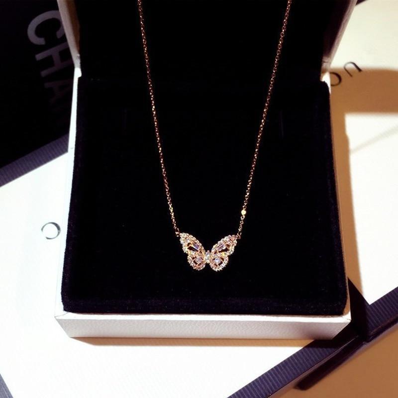 Fashion Rose Gold Butterfly Female Necklace Shiny Crystal Luxury Jewelry Cool Style Gift For Women