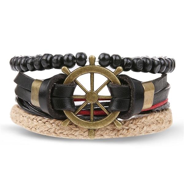 Vintage Black Bead Bracelets For Men Fashion Hollow Triangle Leather Bracelet & Bangles Multilayer Wide Wrap Jewelry For Men and Women