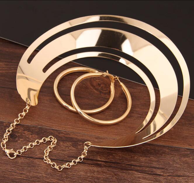 Trendy Gold Metal Torques Necklace Round Earrings Sets Women Party Statement Jewelry Dress Accessories Style