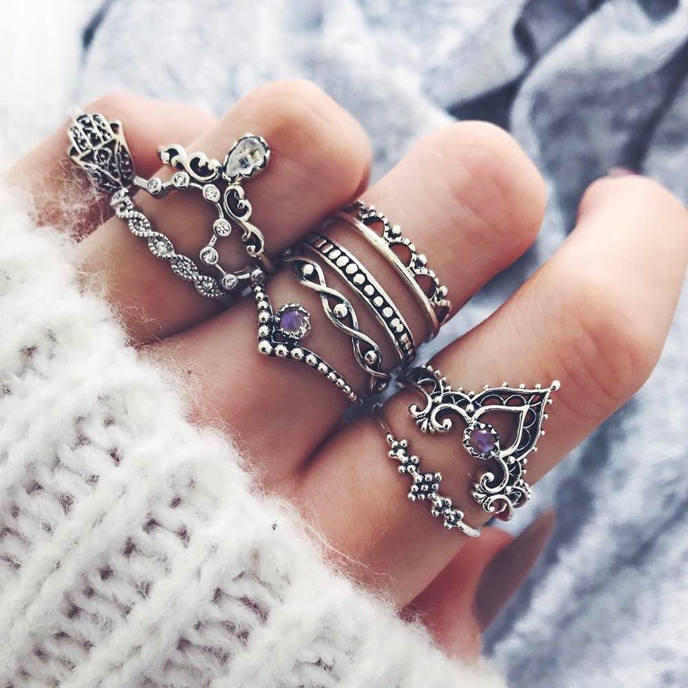 Women Crystal Finger Knuckle Rings Set For Girls Moon Lotus Charm Bohemian Ring Fashion Jewelry Gift