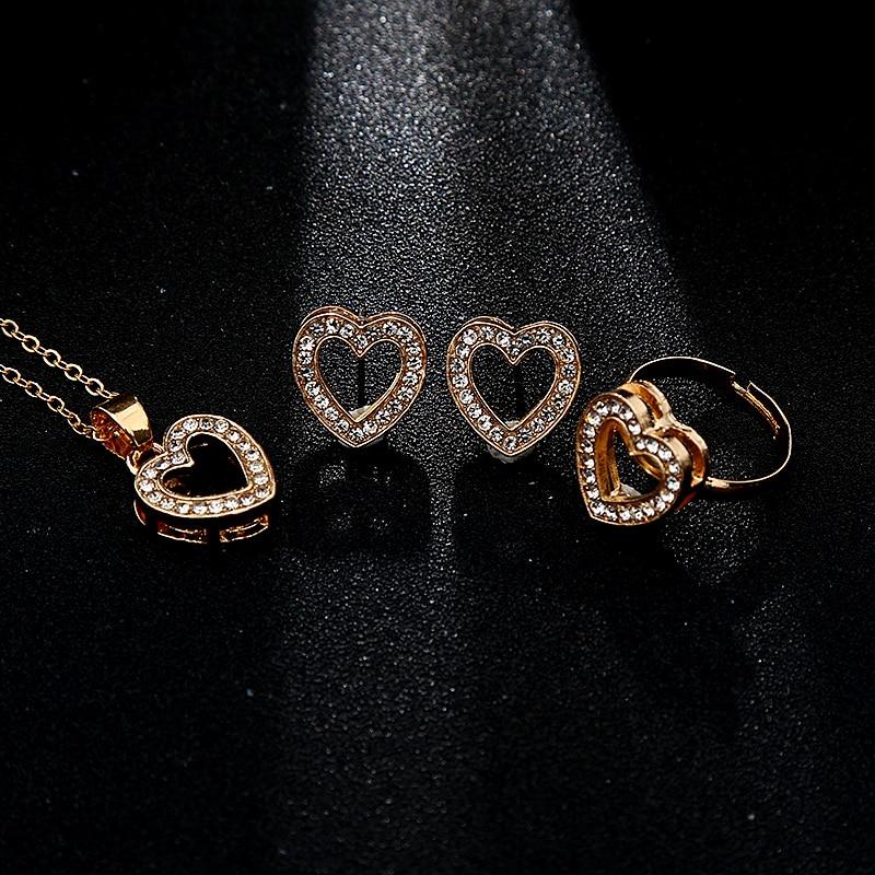 Luxury Jewelry Heart Gold Color Crystal Party Engagement Anniversary Wedding Jewelry Set With Heart Diamond Earrings Necklace Brecelet and Ring Excelent  For Women and Ladies