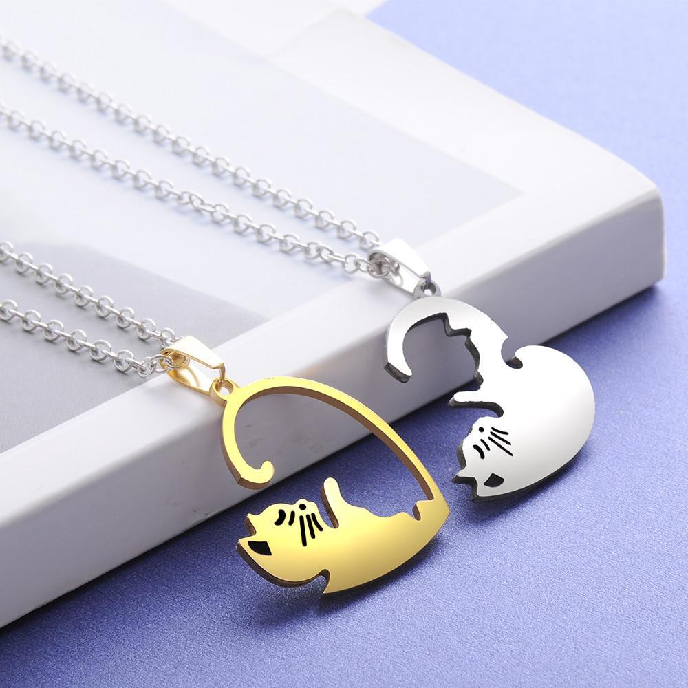 Cool Couple Heart Necklace Elegant Cute Cartoon Cat Pendant Necklace Luxury Simple Personality Color Black Animal Necklace Jewelry Gift For Girl And Boys