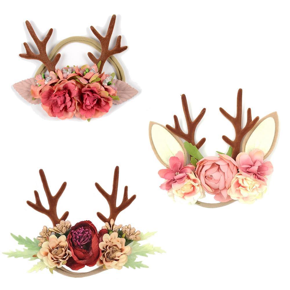 Luxury Christmas Antler Baby Girl Headbands Hair Accessories Xmas Deer Ear Flower Crown Hairband for Newborn Baby