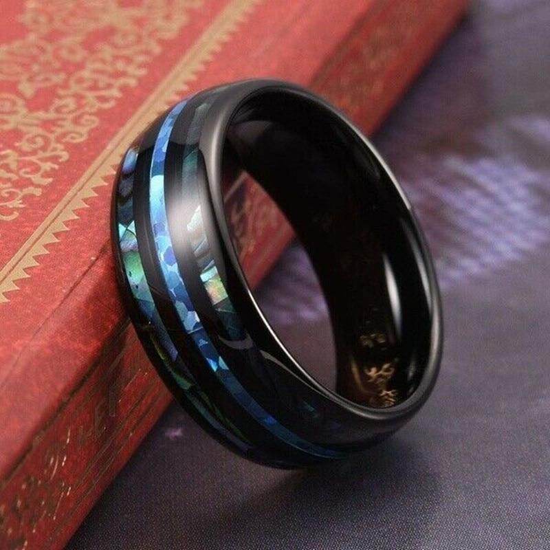 Men New Elegant Black Stainless Steal 8MM Inlaid Shells BlueRings Men's Wedding Jewelry Gift