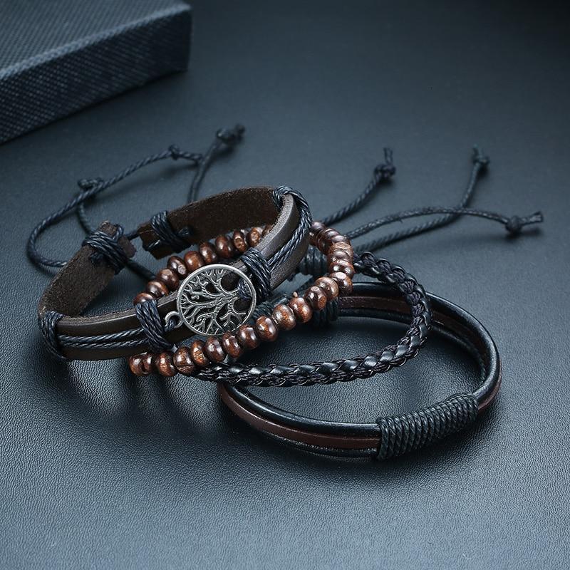 Modern Handmade Braided Wrap Leather Bracelets for Men In Vintage Style With Life Tree Rudder Charm Wood Beads Ethnic Tribal Wristbands