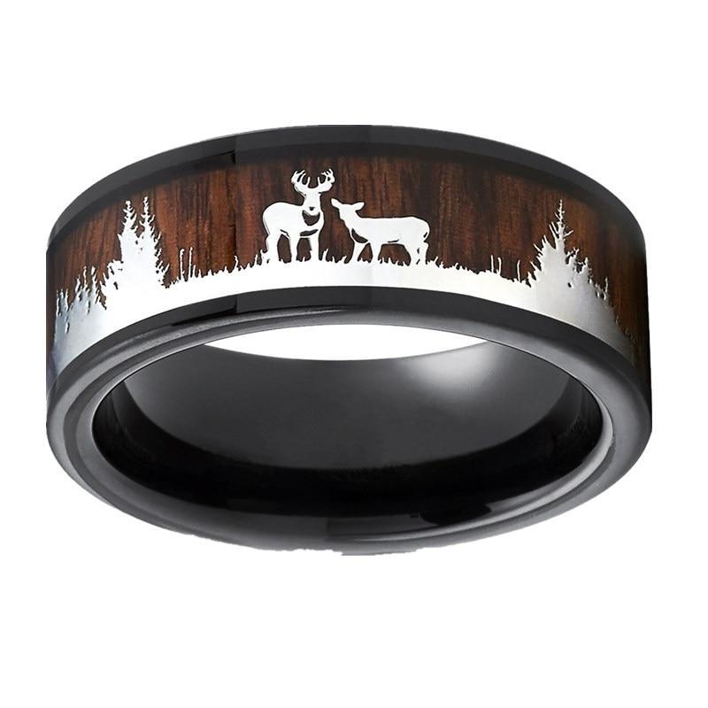 Black Tungsten Hunting Ring Wedding Band Wood Inlay Deer Stag Silhouette Ring