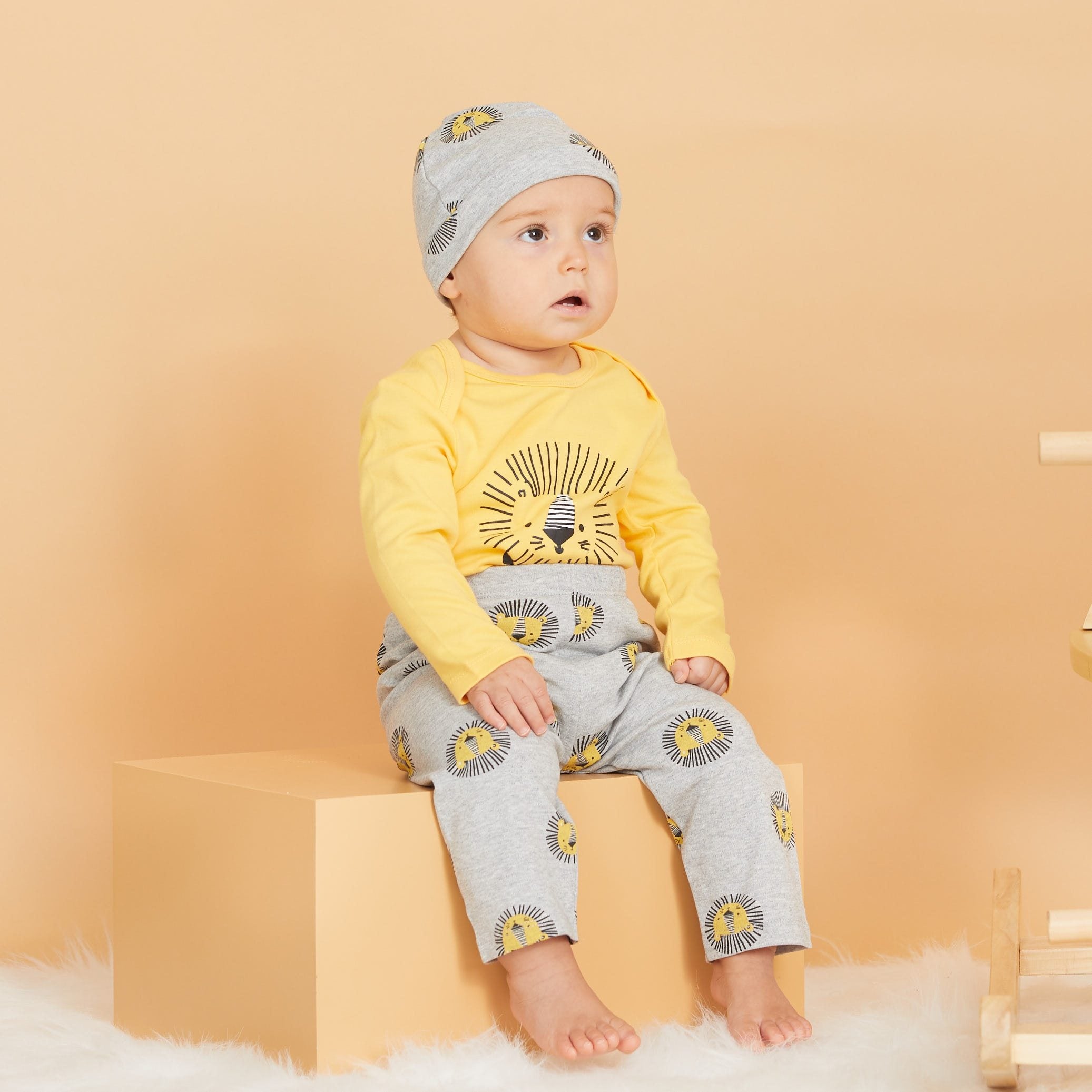 Autumn and Winter Cotton Lion Casual Baby Bodysuit Pants Hat Suit Pajamas Set OFr Boys And Girls Kids