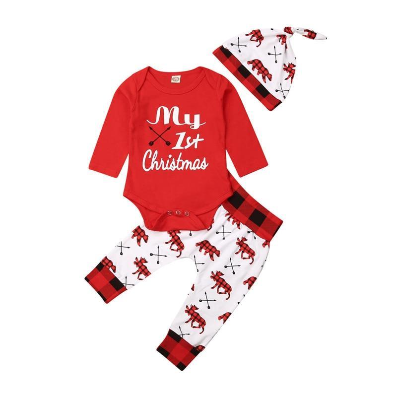 Casual New Baby Boy/Girl  First Christmas printed Clothes Romper Trousers Hat Outfit Set