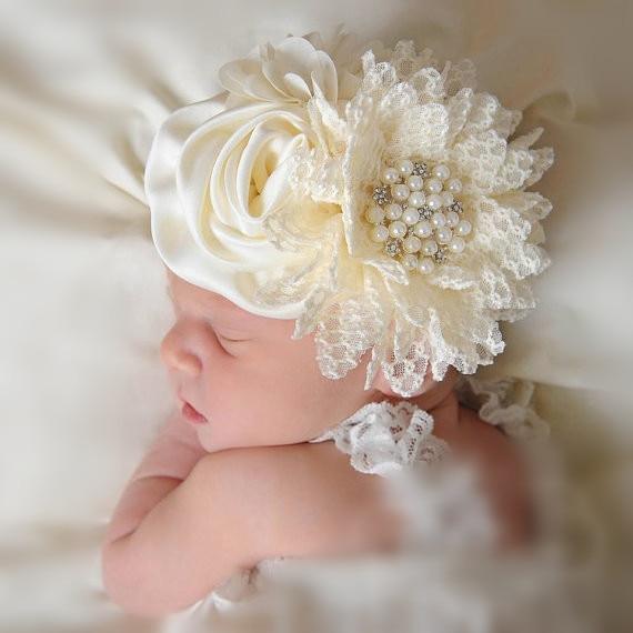 Luxury Modern Handmade Flower Headband Newborn Infant Pearl Flowers With Lace wide Headbands Bebes Hair Accessories Bow