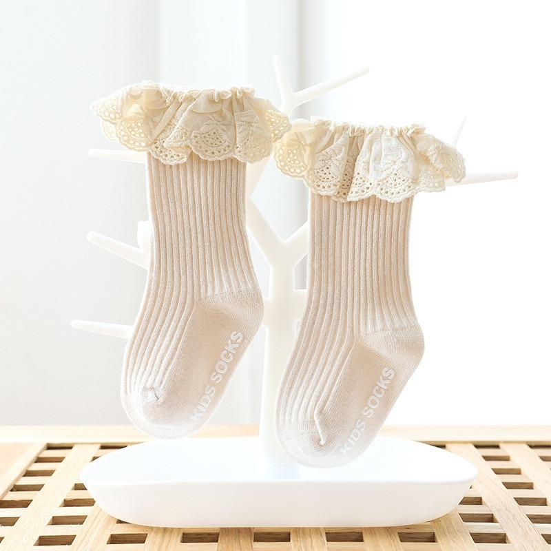 Newborn Baby Girl Socks Lace Baby Knee Socks Anti Slip Cotton Long Socks for Girls In retro Vintage Style