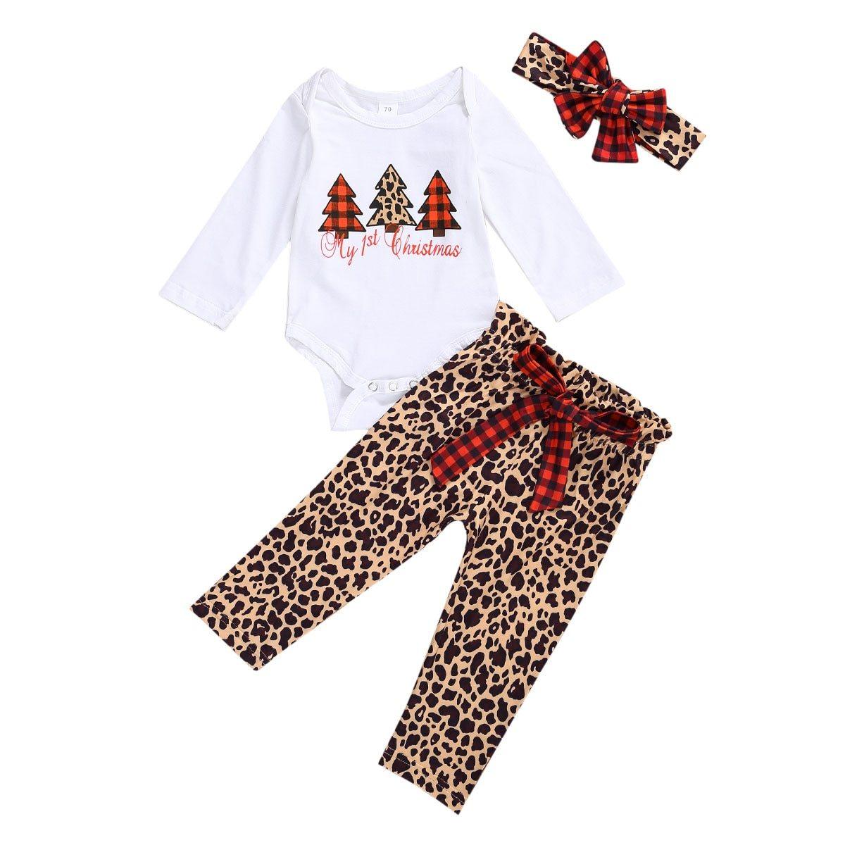 Newborn Baby Boys Girls Christmas Tree Printed Pullover Top and Leopard Pants Christmas Outfits 3pcs