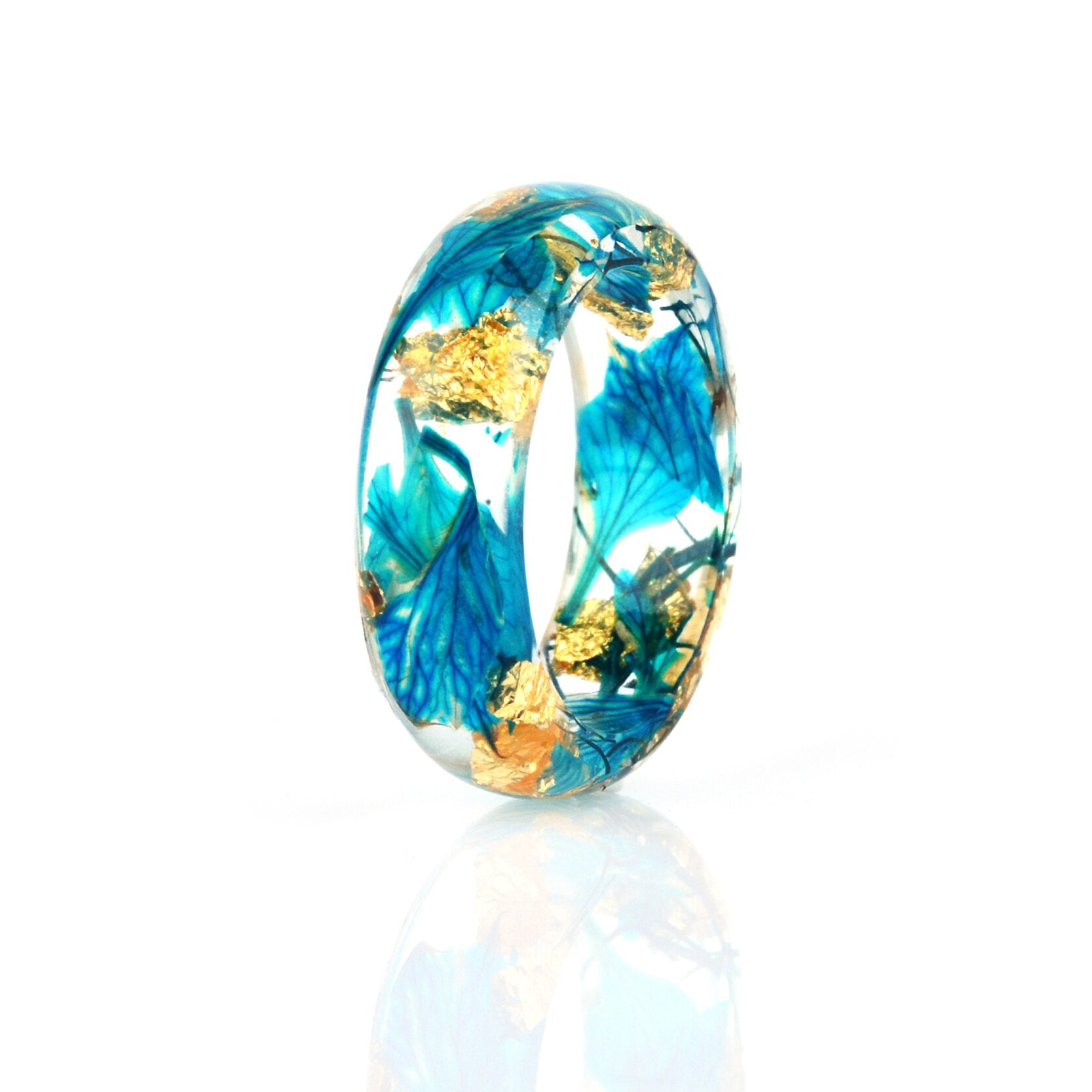 Luxury Handmade Resin Forest Dried Flowers Gold Foil Inside Resin for Women Engagement Wedding Rings In Stylish Style