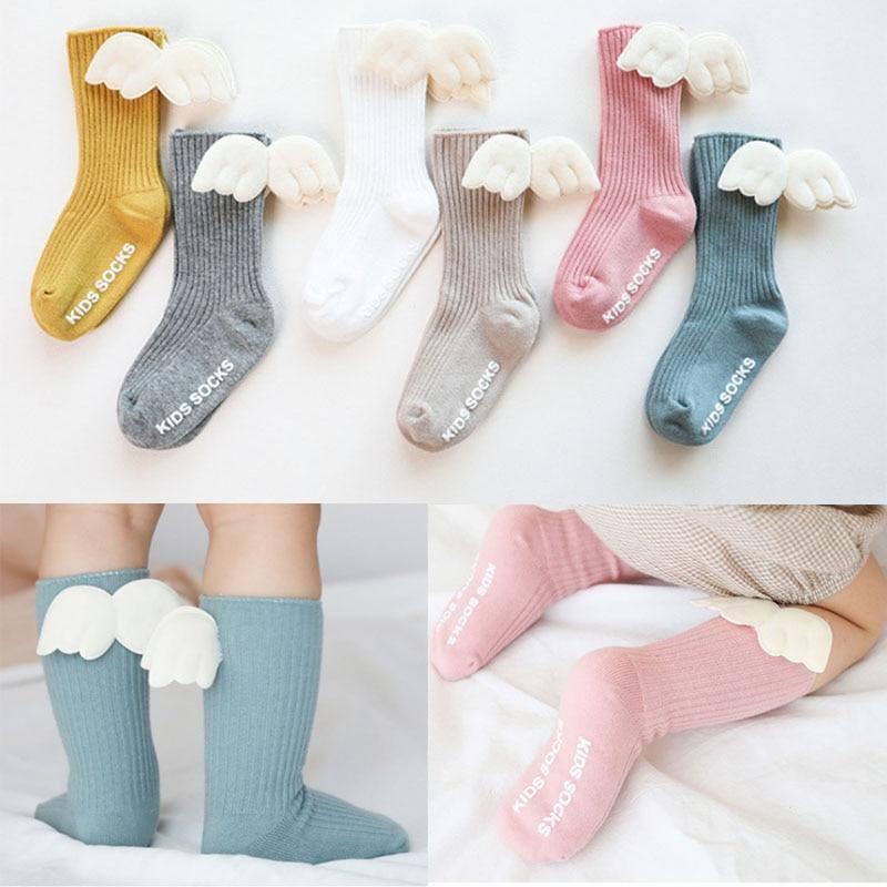 Luxury Modern Socks Baby Girls Knee High Socks With Angel wing  Summer Autumn Cotton Socks Solid Candy Color Toddler For Kids