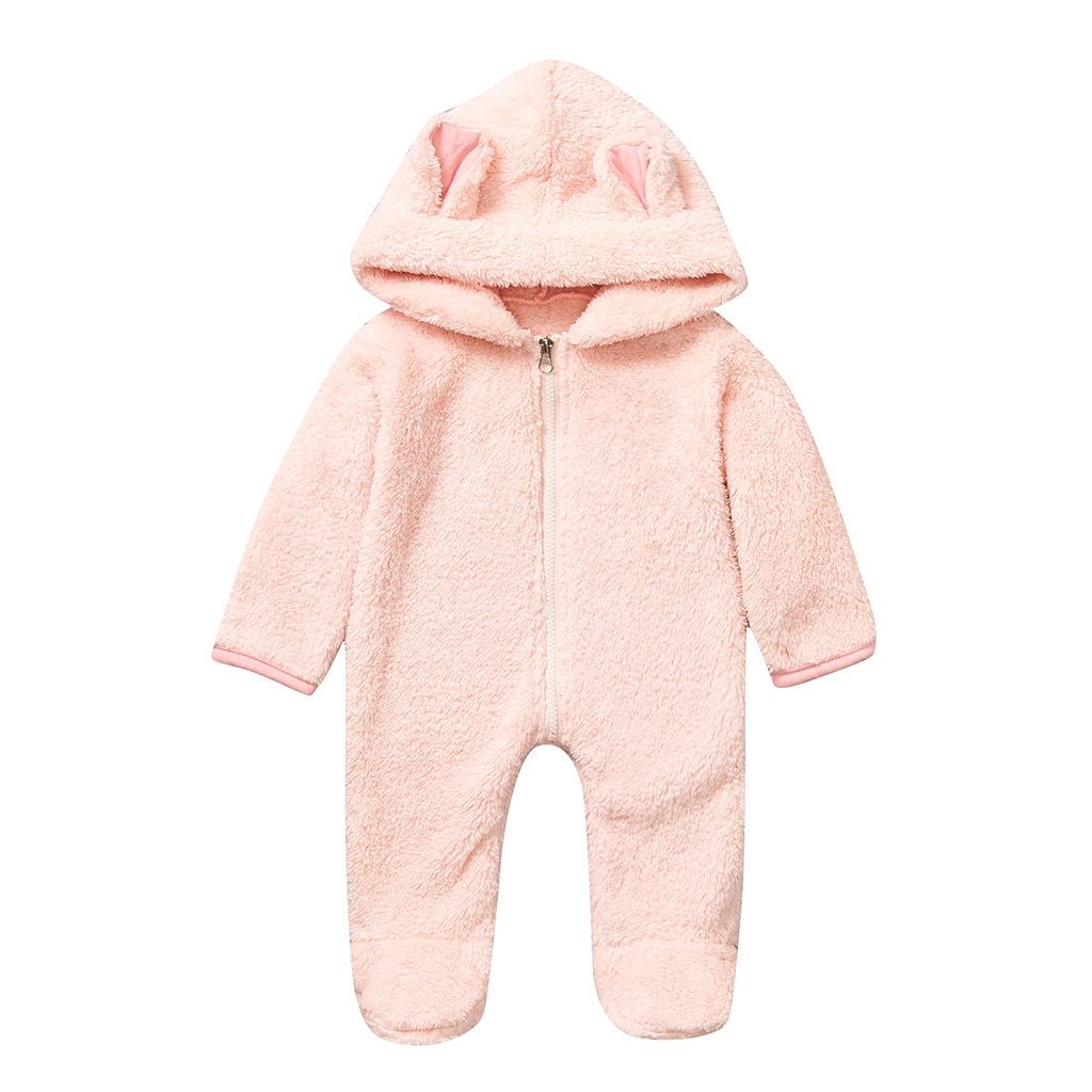 New Winter Trend Warm Newborn Baby Boy Solid Hooded Baby Romper Warm Coat Fleece Jumpsuit Infant Outwear For Boys And Girls