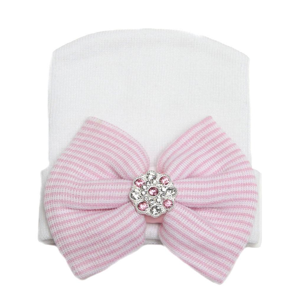 Modern Luxury Baby Girl Cotton Knit Striped Baby Caps With Big Bow For Baby Girls In Elegant Style